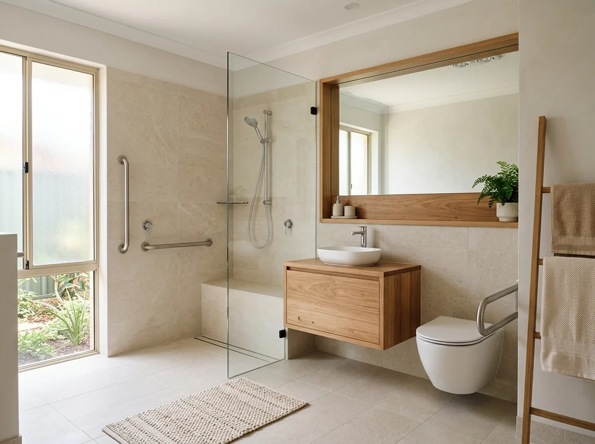 Complete accessible bathroom in a Perth home - level-entry shower, grab rails, lever tapware and generous turning space