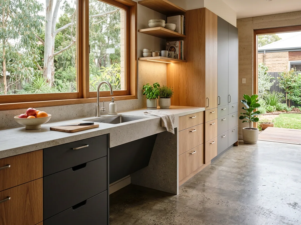 Accessible kitchen with a lowered bench and open knee clearance beneath the sink in a Perth home
