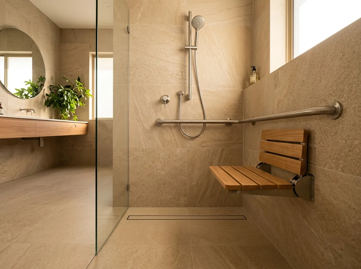Shower with fold-down seat, grab rails and hand-held hose on riser rail in Perth accessible bathroom