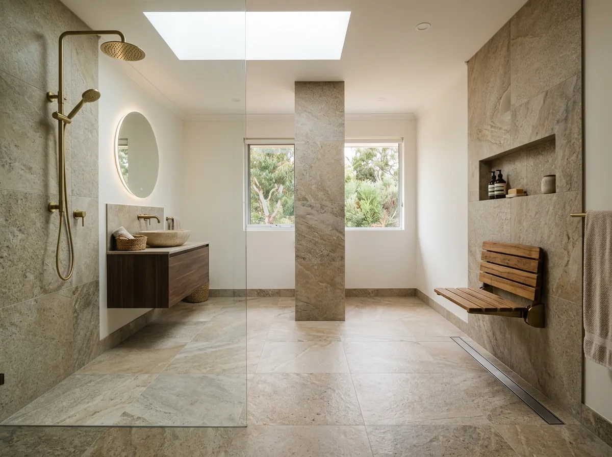 Wet room with continuous tiled floor and linear drain in a Perth accessible bathroom