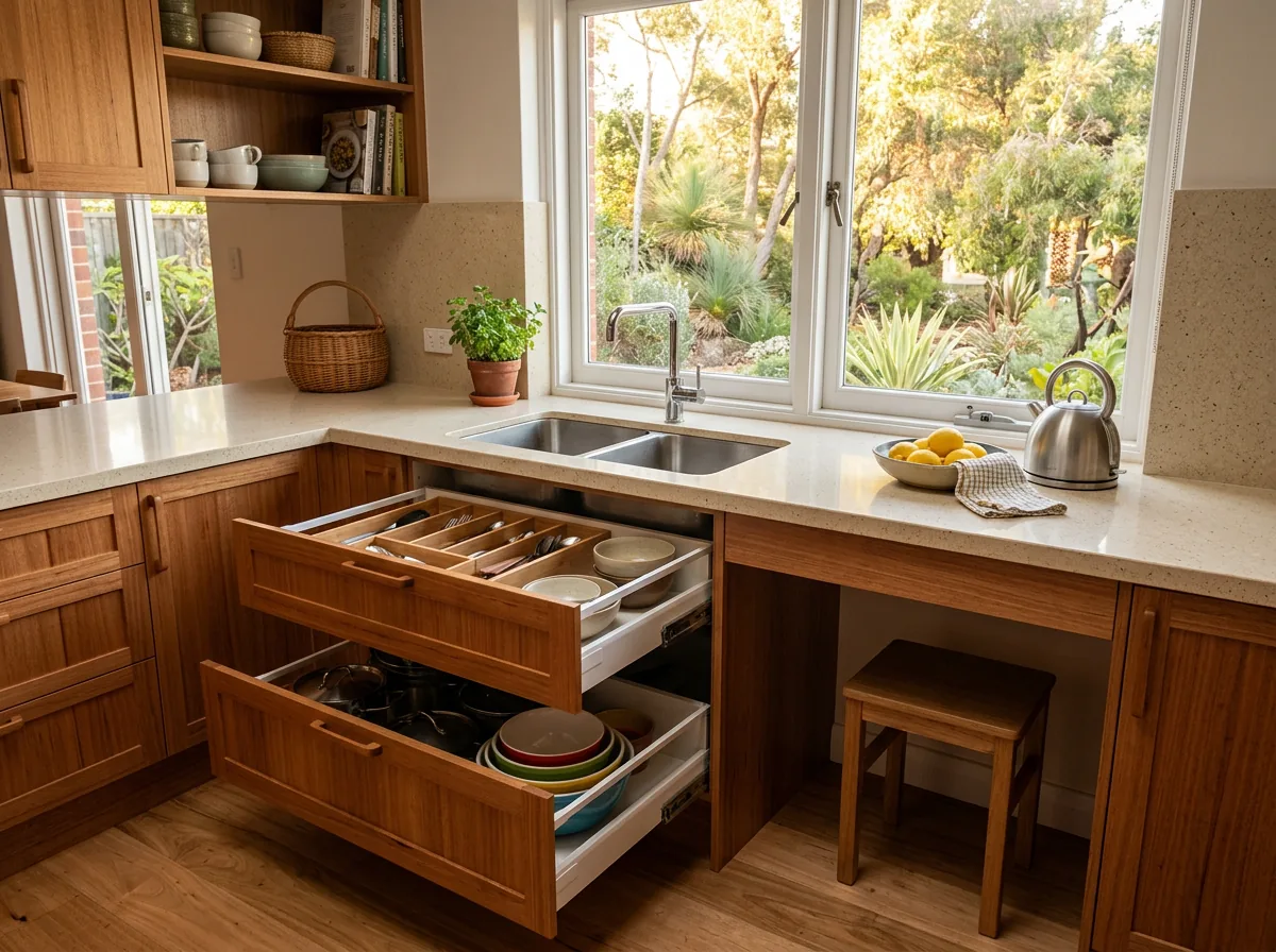 A Perth kitchen with a lowered bench section and pull-out drawers open to show full-extension runners, warm timber cabinetry, afternoon light through a window, domestic and lived-in feel