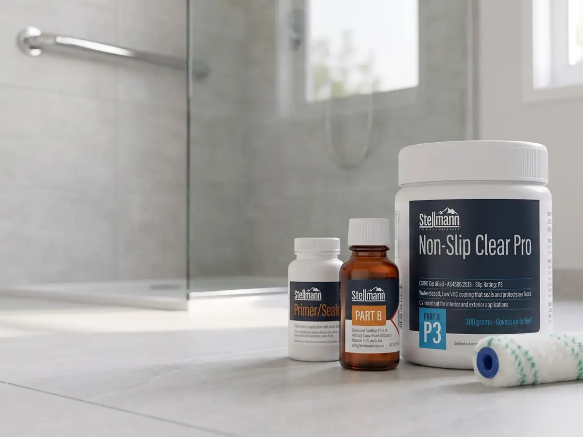 The Stellmann non-slip clear coating kit, with primer, coating and a roller, on a tiled bathroom floor beside a walk-in shower
