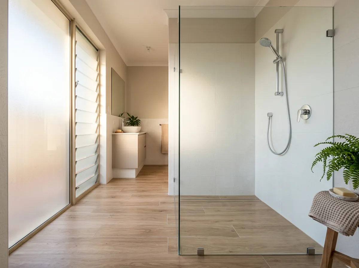 Walk-in shower in a Perth home with no step, frameless glass screen, timber-look tiles and warm natural light through a frosted window